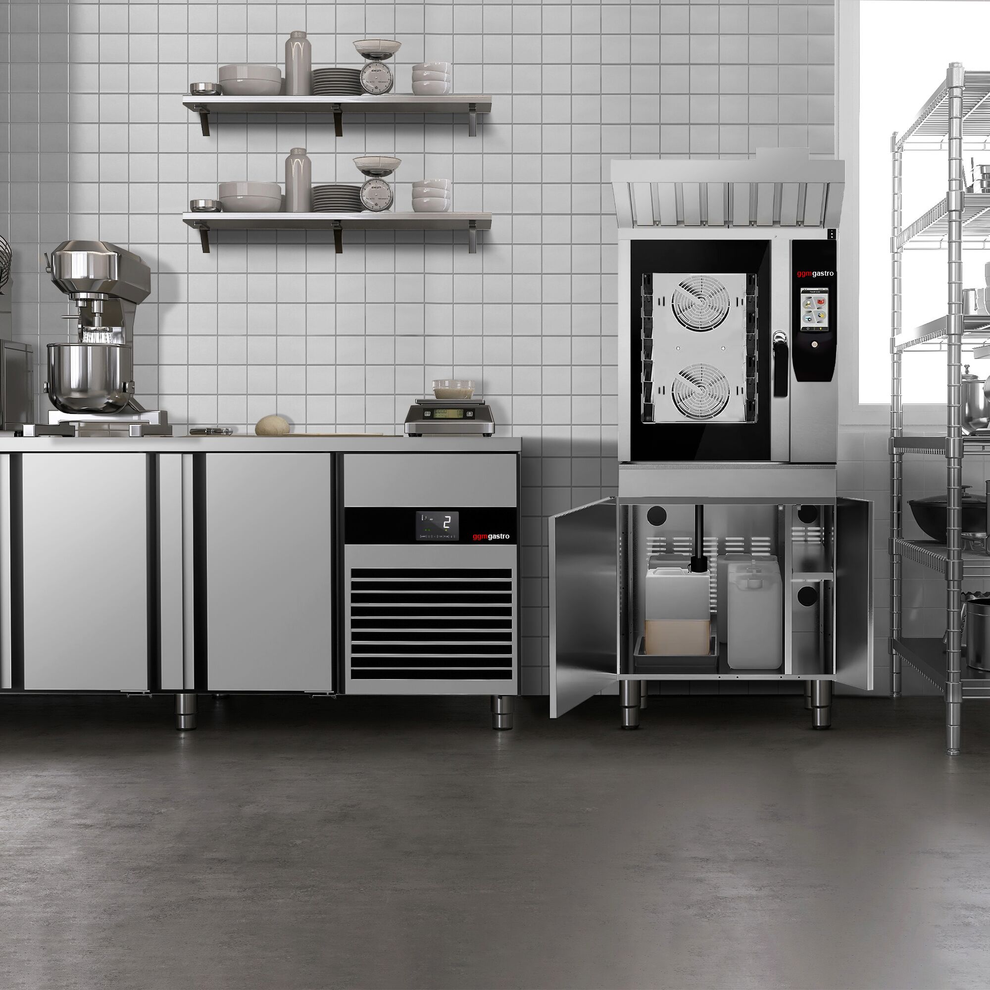 Four mixte - tactile - 6 x GN 1/1 - avec rôtissoire à poulet, système de récupération des graisses, soubassement, système de lavage et sonde de température