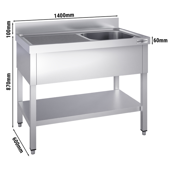 Yıkama Tezgahı PREMIUM - 1400x600mm - Alt raflı & 1 sağ evyeli