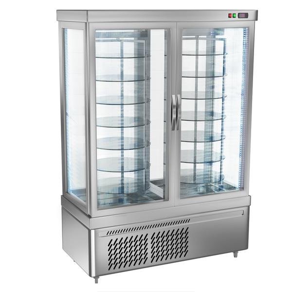 Vetrina Refrigerata Verticale 4 Lati Vetro – Panoramica Professionale - per torte - 935l - 1320mm - Doppio vetro - vetro dritto - con 14 ripiani rotanti - 4 lati vetro; LED interni