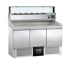 Pizzawerkbank PREMIUM - 1400x700mm - met granieten werkblad - met 3 deuren - incl. glasvitrine LED - 6x GN 1/4