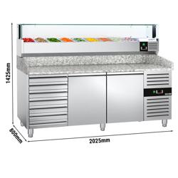 Commercial Refrigerated Pizza Prep Counter PREMIUM - 2000x800 - 2 Doors - 7 Drawers - Top Display Rail LED - 10x GN 1/3