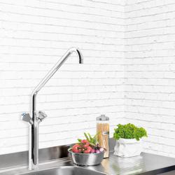 Monobloc mixer tap - swan-neck spout - with twin levers & swivel spout - spout 350mm