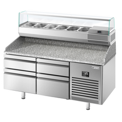میز یخچالی پریمیوم پلاس پیتزا - 1490*700 میلیمتر - 4 6xGN 1/4 - کشو - همراه ویترین رومیزی خنک کننده