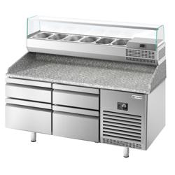 Banco pizza refrigerato PREMIUM PLUS - 1490x700mm - con 4 cassetti - piano in granito - con vetrina ingredienti refrigerata superiore - 6x GN 1/4