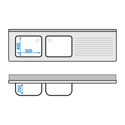 Evyeli Yıkama Tezgahı ECO - 2000x600mm - Alt Tablalı & Çift Evyeli