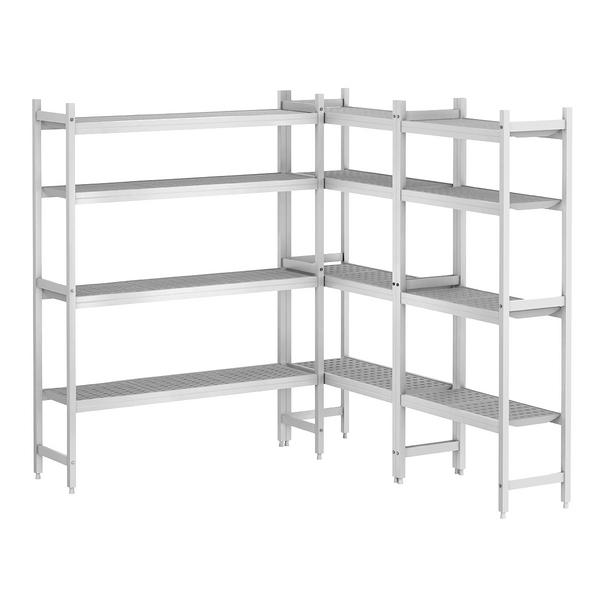 Set de rafturi din aluminiu - Kit în L - 1315x1070x(H)1800 mm - Configurație: în L - Adâncime: 460 mm - cu 3 polițe perforate - Capacitate: 600 kg/poliță