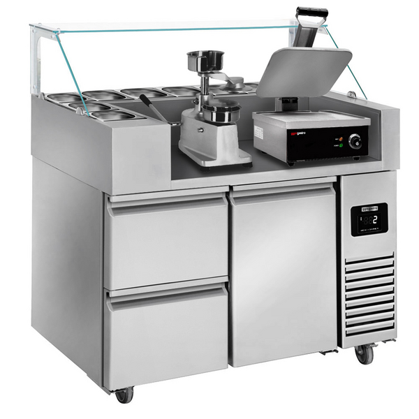 Masă de preparare - 1,21 x 0,7 m - cu 1 ușă și 2 sertare 1/2 - incl. contact grill & masina de facut hamburgeri