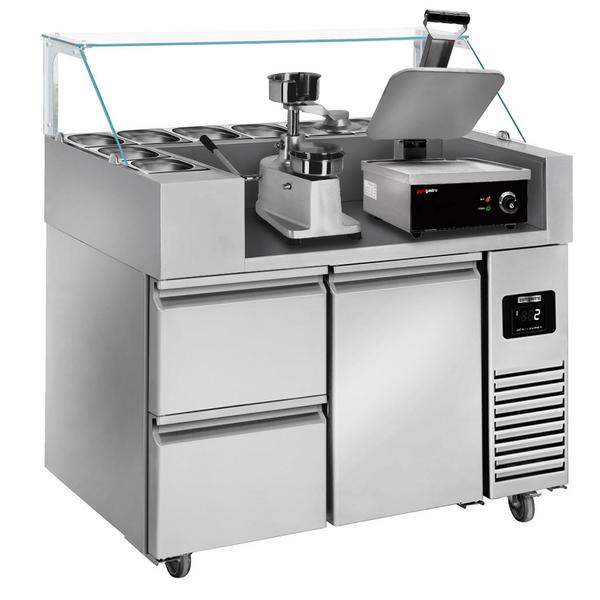 Commercial Refrigerated Prep Table PREMIUM – Glass Top – 1 Door + 2 Drawers – 1210 mm – for 9× GN 1/6 - with Contact Grill & Hamburger Press
