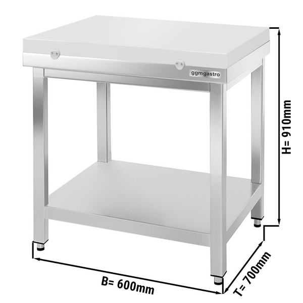Mesa de trabajo de acero inoxidable PREMIUM - 0,6 m - con base - incl. tabla de cortar en blanco