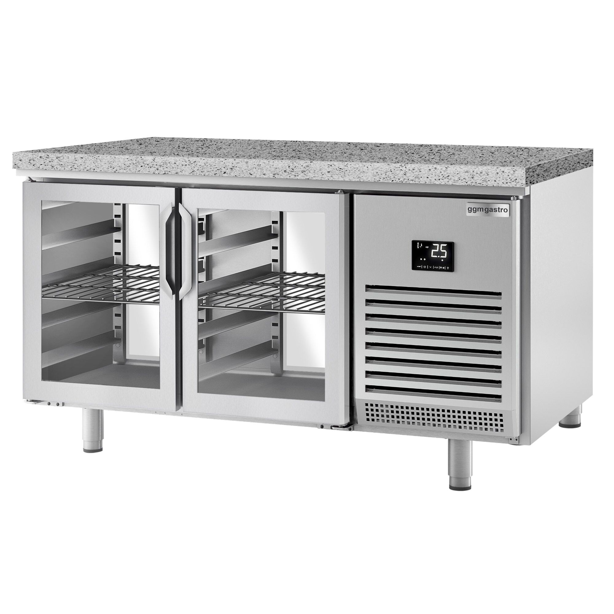 Table réfrigérée de boulangerie Premium PLUS - 1618x800 mm - avec portes vitrées des deux côtés & plan de travail en granit