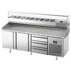 Pizzawerkbank PREMIUM PLUS - 1980x700mm - met granieten werkblad - met 2 deuren & 3 laden - incl. glasvitrine - 9x GN 1/4