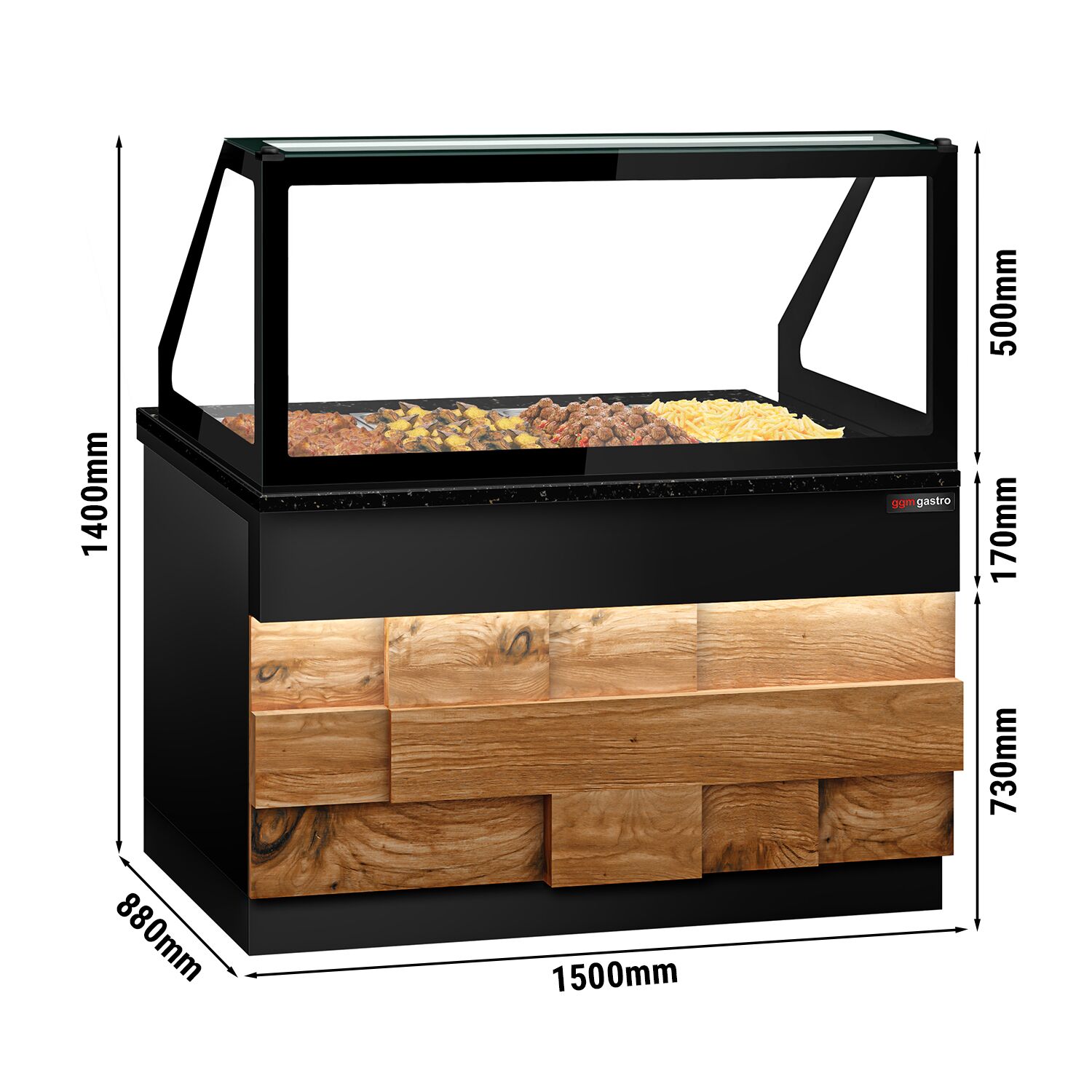 Vitrine chauffante TORONTO – 1500 mm – façade en bois – pour 4 × GN 1/1 – plan de travail en granit noir