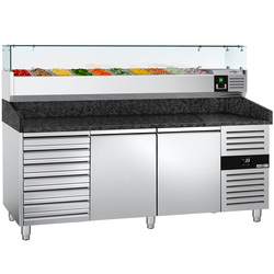 Rashladni pult za pripremu pizze PREMIUM - 2000x800 mm - sa 2 vrata & 7 ladica - uklj. Rashladna nadograđena vitrina - 10x GN 1/4