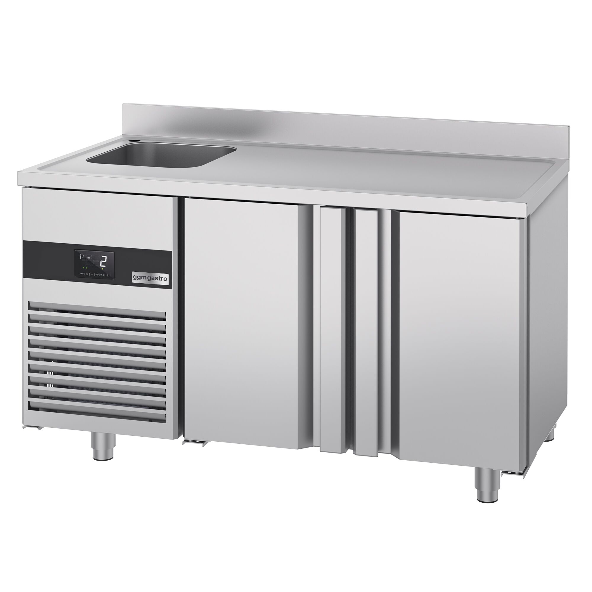 Table réfrigérée PREMIUM - 1430 x 700 mm - avec 2 portes, 1 bac à gauche - dosseret