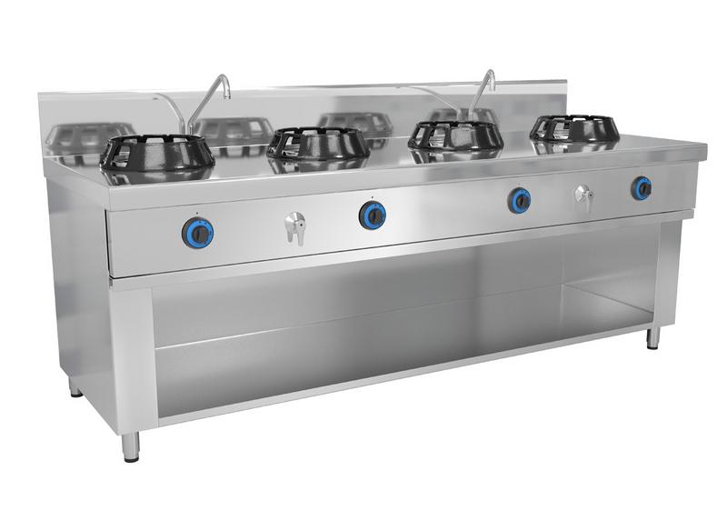 Plinski wok štednjak - 56 kW - 4 plamenika - Uključujući 2 mini stupca za vodu