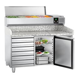 Pizzawerkbank PREMIUM - 1500x800mm - met granieten werkblad - met 1 deur & 7 laden - incl. opzetkoelvitrine - 7x GN 1/4