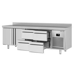 Hűtött munkaasztal PREMIUM PLUS - 2452x600 mm - 510 liter - ventilációs - 2 ajtóval - 4 fiókkal - felhajtással