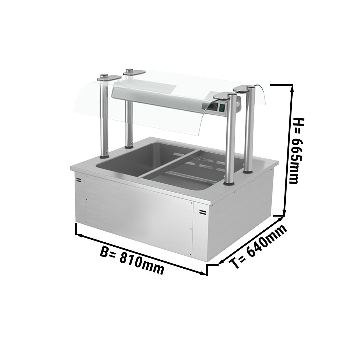 Bain-marie encastrable - 800 mm - 2x GN 1/1 - 1,71 kW - avec vitre pare-haleine