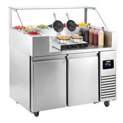 Commercial Refrigerated Prep Table PREMIUM – Glass Top – 2 Doors – 1210 mm – for 9× GN 1/6 – Includes double waffle maker