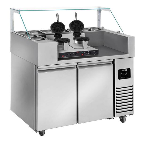 Banco preparazione refrigerato - 1210mm - 2 porte - per 9x GN 1/6 - incl. piastra per waffel - a forma di cuore