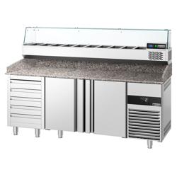 Pizzawerkbank PREMIUM - 2100x800mm - met granieten werkblad - met 2 deuren & 5 laden - incl. glasvitrine - 10x GN 1/3