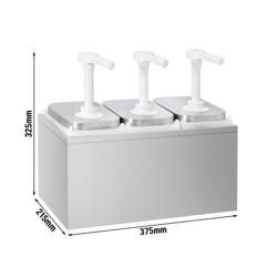 Dávkovač omáčky - nerezová ocel AISI 304, nádoby polypropylen - se stojanem - 3× 2 l - 375x215x325 mm - einstellbarer Dosierung - s nádobou - nekapající výtok - vč. nerezového stojanu