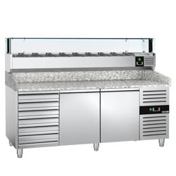 Commercial Refrigerated Pizza Prep Counter PREMIUM - 2000x800 - 2 Doors - 7 Drawers - Top Display Rail LED - 10x GN 1/3