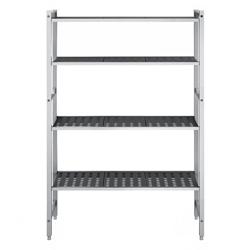 Hyllsystem i aluminium med polypropenhyllor – grundsektion – 1200x1800 mm – Djup: 460 mm – 4 hyllplan – anodiserad – Lastkapacitet: 900 kg