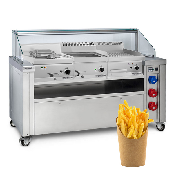 Mobiel kookstation - 1600x850mm - Hoogte: 1170mm - incl. Friteuse, Bakplaat & Bain marie