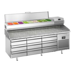 Pizzawerkbank PREMIUM PLUS - 1980x700mm - met granieten werkblad - met 9 laden - incl. opzetkoelvitrine - 9x GN 1/4