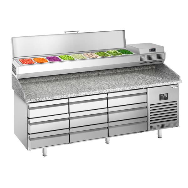 Pizzawerkbank PREMIUM PLUS - 1980x700mm - met granieten werkblad - met 9 laden - incl. opzetkoelvitrine - 9x GN 1/4
