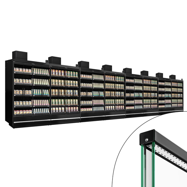 (8 st) - Väggkyl för stormarknad - 15000mm - med ramlösa isolerade glasdörrar, 5 hyllor & LED-belysning