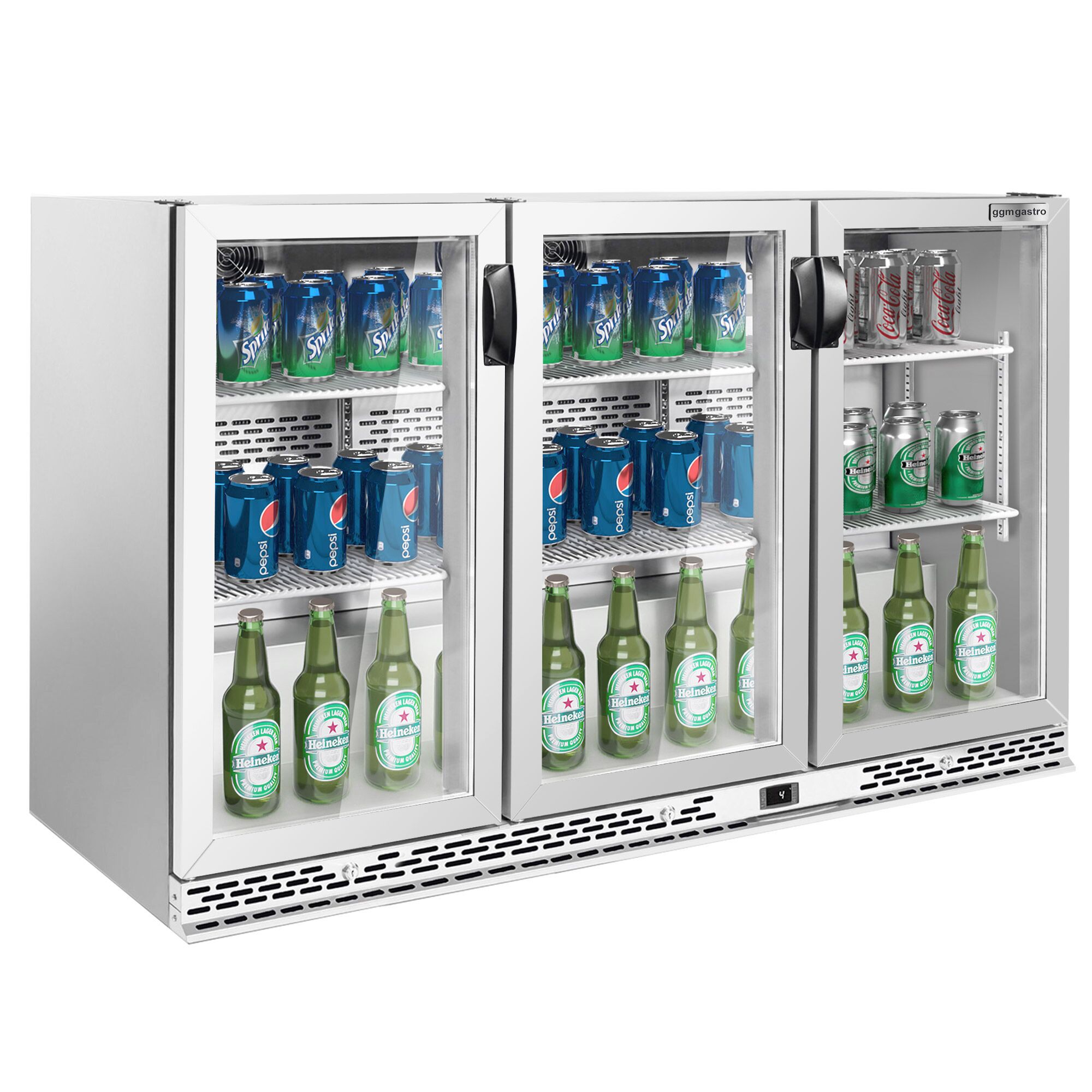 Réfrigérateur de bar – 1350 mm – 330 litres – avec 3 portes vitrées battantes – en inox