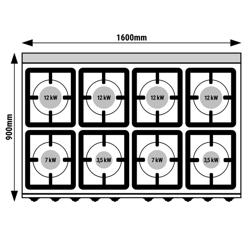 Plynový sporák - Lorenzo 900 - 1600x900x965 mm - 84,2 kW - 8 hořáky - vč. plynové trouby, statické - 2x 7,6 kW
