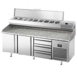 Pizzakylbänk PREMIUM PLUS - 1980x700mm - 2 luckor & 3 lådor - inkl. kylränna - 9x GN 1/4