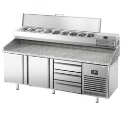 Saladette pizza refrigerata PREMIUM PLUS - 1980x700mm - con 2 porte & 3 cassetti - piano in granito - con vetrina ingredienti refrigerata superiore - 10x GN 1/4