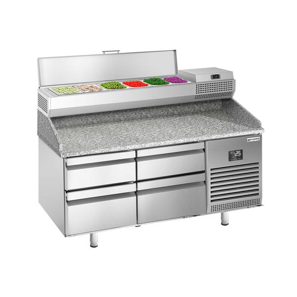 Pizzawerkbank PREMIUM PLUS - 1490x700mm - met granieten werkblad - met 4 laden - incl. opzetkoelvitrine - 6x GN 1/4