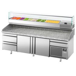 Pizzawerkbank PREMIUM PLUS - 2305x800mm - met granieten werkblad - met 2 deuren & 2 laden - incl. glasvitrine - 10x GN 1/3