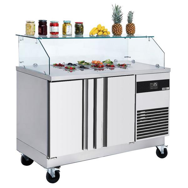 Commercial Saladette Counter PREMIUM - 1400mm - 2 doors - with square glass canopy for 6 x GN 1/6