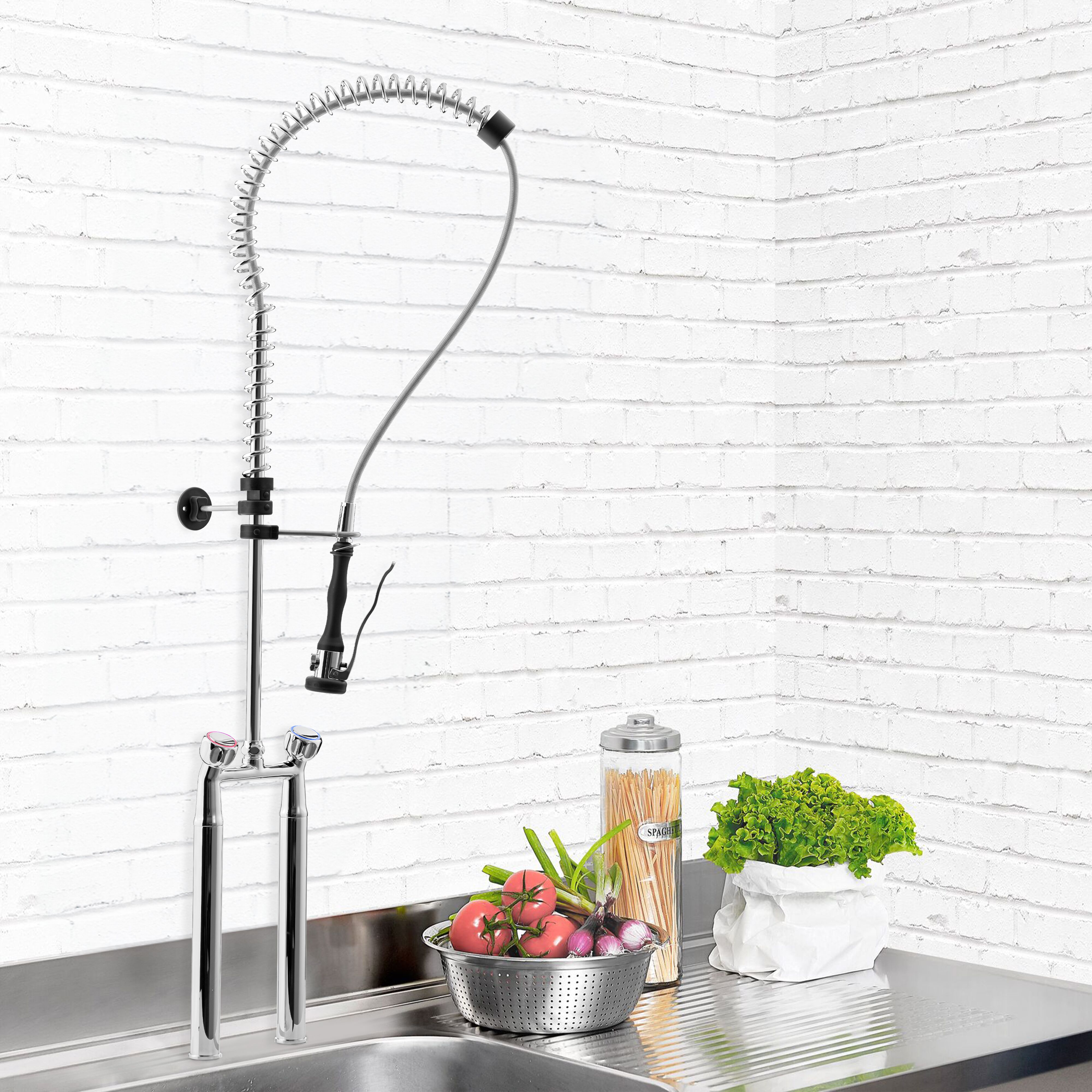 Deck-mounted twin-inlet pre-rinse spray - centres 155mm - with twin levers, spray gun, flexible hose 1200mm & heavy-duty - height 1340mm