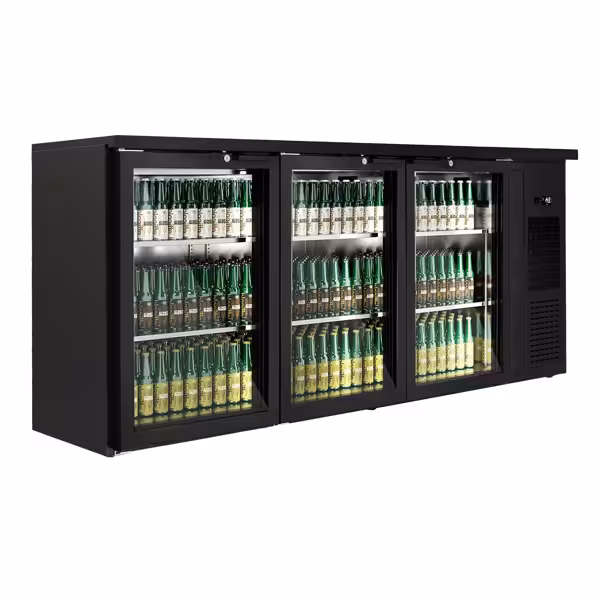Arrière-bar réfrigéré professionnel Premium PLUS - 1989 x 528 mm - 410 litres - avec 3 portes battantes en verre