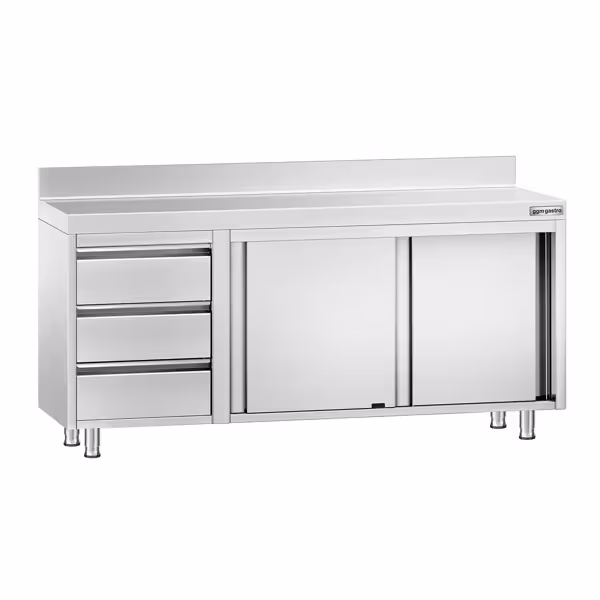 Mesa de trabalho PREMIUM - em Aço Inoxidável - 1,8 m - com 3 gavetas á esquerda e rebordo posterior