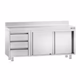 Inox (AISI 304) Radni stol zatvoreni PREMIUM - 1800 x 700 x 970 mm - s kliznim vratima 3 ladica lijevo s podignutim zadnjim rubom