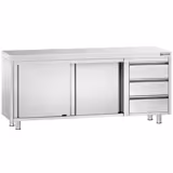 Kuhinjski radni pult od nehrđajućeg čelika PREMIUM - 2000x600 mm - Sa 3 ladice na desnoj strani, bez poleđine 