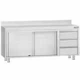 Table armoire en acier inoxydable ECO - 2000x600mm - avec portes coulissantes, 3 tiroirs à droite et étagère basse - avec dosseret