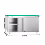 Edelstahl Arbeitsschrank PREMIUM - 1600x600mm - mit Schiebetür - inkl. Schneideplatte Grün