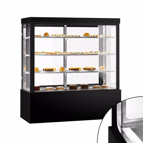 Vetrina pasticceria refrigerata Anna - per pasticceria - 1850l - 1800mm - Doppio vetro - vetro dritto - con 3 ripiani - 4 lati vetro; LED interni; display digitale; vetri riscaldati; ruote - Nero