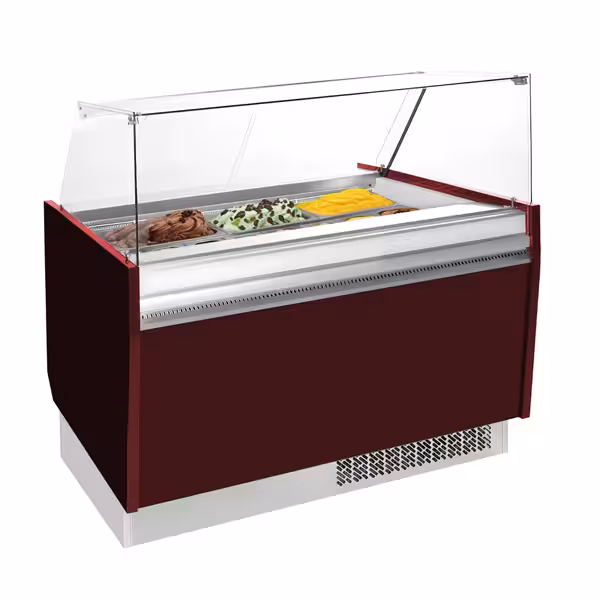 Vetrina Gelato LIAM - 1310mm - Refrigerazione statica - con Illuminazione LED - per 10+10x Vasca da gelato da 5 Litri - con riserva inferiore - Granatrot