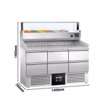 Mesas refrigeradas para pizza PREMIUM - 1400x700mm - y 6 cajones neutros 1/2 - inkl. Kühl-Aufsatzvitrine 6x GN 1/4