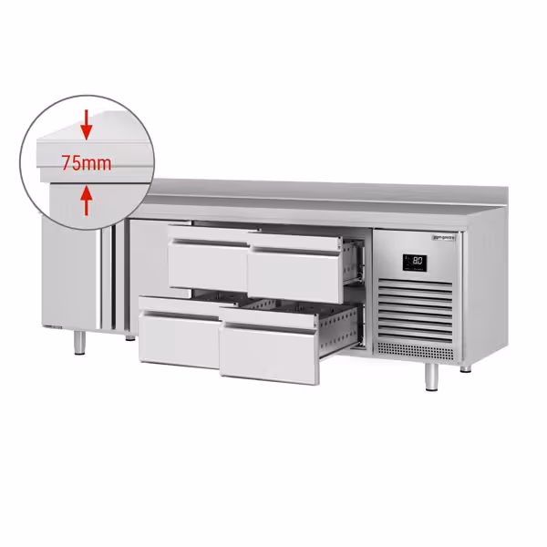 Commercial Counter Fridge PREMIUM PLUS - 2452x700mm - with 2 doors - 4 drawers (1/2 GN) - with upstand - capacity 625 litres